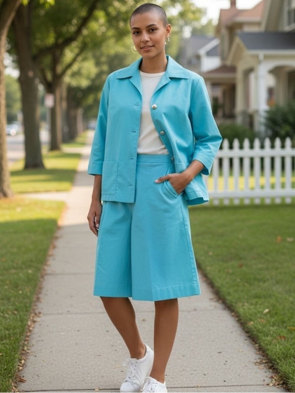 60s QUEEN CASUALS RETRO CULOTTE SKIRT & JACKET SET SPORTY TURQUOISE BLUE SZ 12